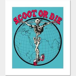 Scoot or Die - Extreme Sports Skeleton on Scooter Cross Posters and Art